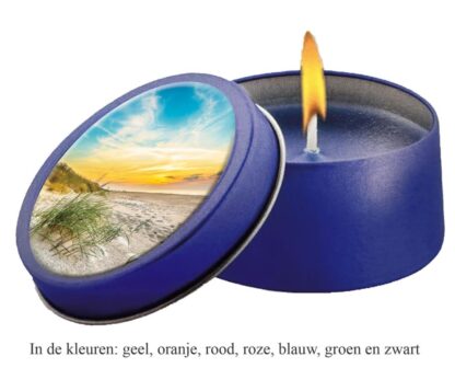 Blikje met kaars doming blauw Zee